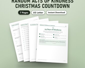Aftelling naar willekeurige daden van vriendelijkheid voor Kerstmis, invulbare adventskalender voor vriendelijkheid, 24 missiekaarten, US Letter, A4, direct te downloaden