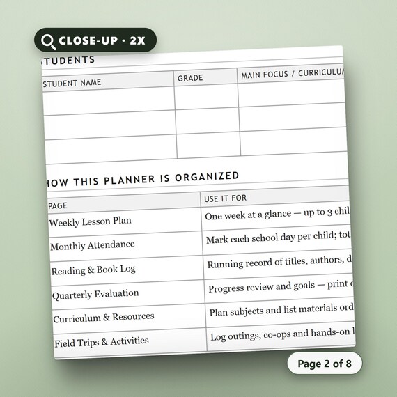 Undated Homeschool Planner PDF, Multi-Child Weekly Lesson Planner, Attendance Log, Reading Record, US Letter, Instant Download, image 4