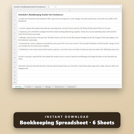 Small Business Bookkeeping Spreadsheet, Schedule C Expense Tracker, Freelancer Bookkeeping, Excel, Google Sheets, Instant Download