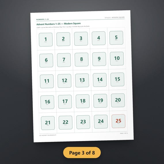 Advent Calendar Kit Printable, Numbers 1-24 & 1-25 Tags, Bag Toppers, DIY Pocket Calendar Template, 24 Kindness Cards, US Letter, A4, image 6