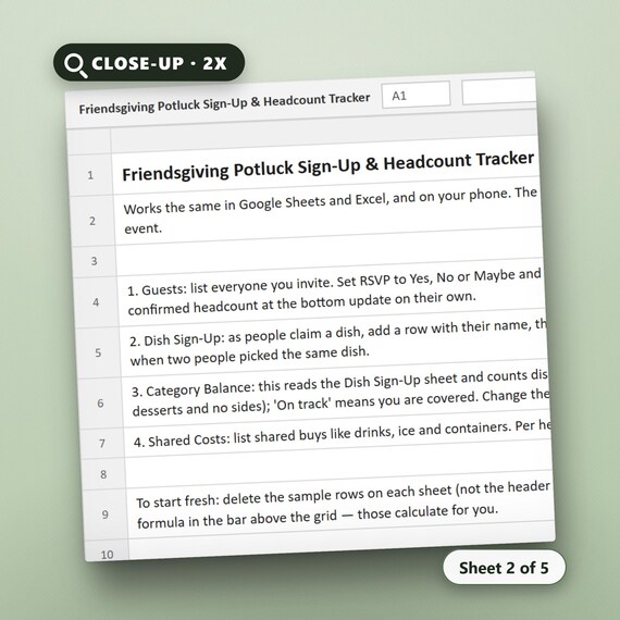 Thanksgiving Potluck Spreadsheet, Friendsgiving Dish Sign Up & Headcount Tracker, Cost Split, Excel, Google Sheets, Instant Download, image 4