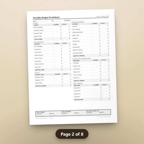 Zero Based Budget Worksheet, Undated Monthly Budget Planner PDF, Sinking Funds Tracker, Debt Payoff Sheet, US Letter, Instant Download, image 5
