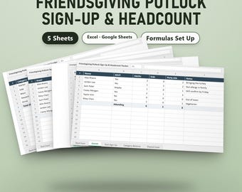 Spreadsheet voor een Thanksgiving-potluck, aanmeldingsformulier voor gerechten voor Friendsgiving en gastenlijst, kostenverdeling, Excel, Google Sheets, direct te downloaden