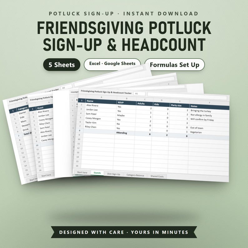 Thanksgiving Potluck Spreadsheet, Friendsgiving Dish Sign Up & Headcount Tracker, Cost Split, Excel, Google Sheets, Instant Download