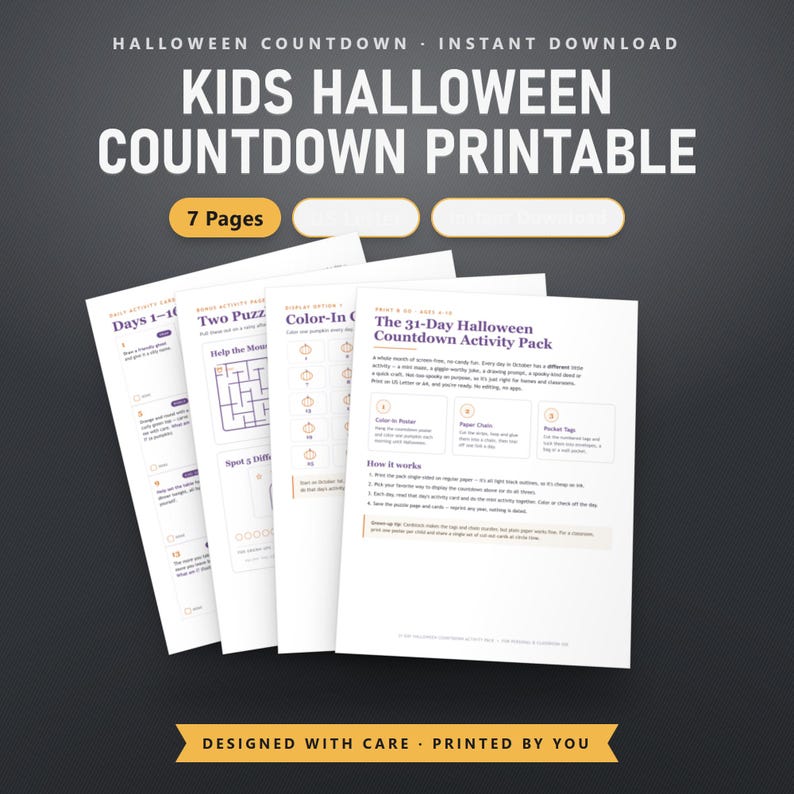 Kids Halloween Countdown Printable, 31 Day Activity Advent Calendar, Daily Cards, Color-In Chart & Paper Chain, Fillable, US Letter, A4