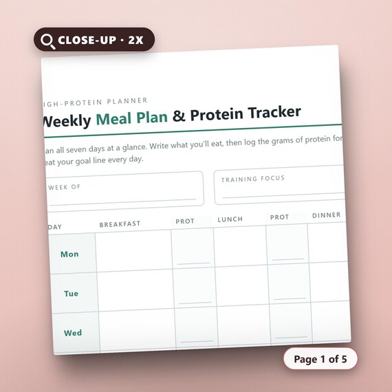 Undated High-Protein Weekly Meal Planner Printable PDF, 7-Day Menu & Protein Tracker, image 4
