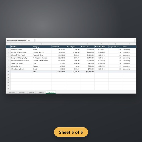 Wedding Budget Spreadsheet, Excel & Google Sheets Template, Per-Guest Cost Calculator, Vendor Payment Tracker, Instant Download, image 9