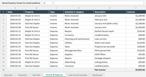 Rental Property Spreadsheet, Small Landlord Income Expense Tracker, Rent Roll, Schedule E, Cash Flow, Cap Rate, Excel, Google Sheets, image 14
