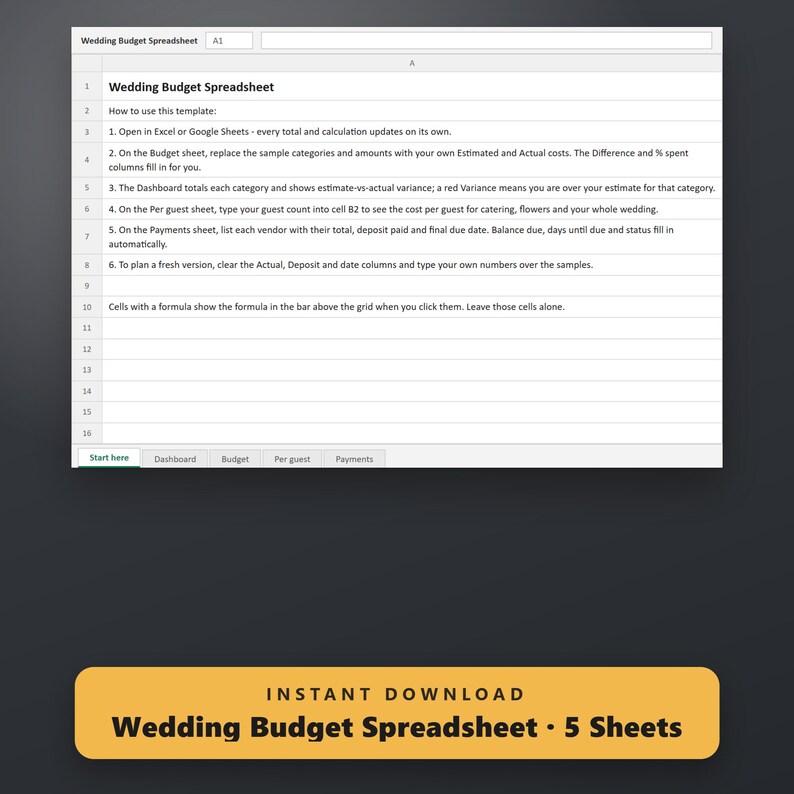 Wedding Budget Spreadsheet, Excel & Google Sheets Template, Per-Guest Cost Calculator, Vendor Payment Tracker, Instant Download