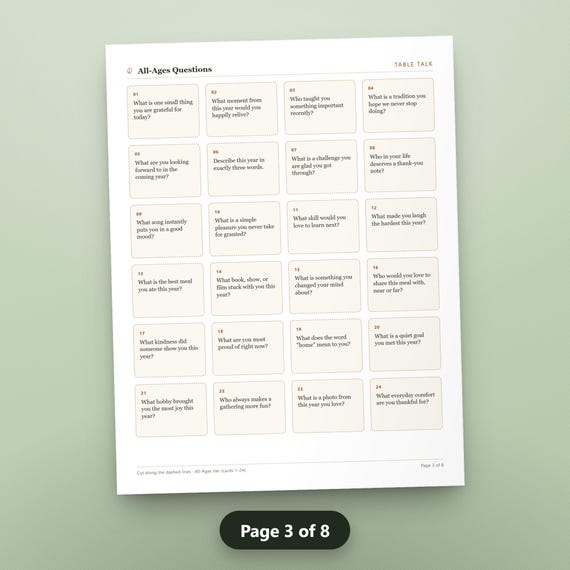 Thanksgiving Conversation Cards Printable, 100 Family Dinner Table Prompts, Fillable Kids All Ages Legacy Questions, US Letter, A4, Instant, image 6