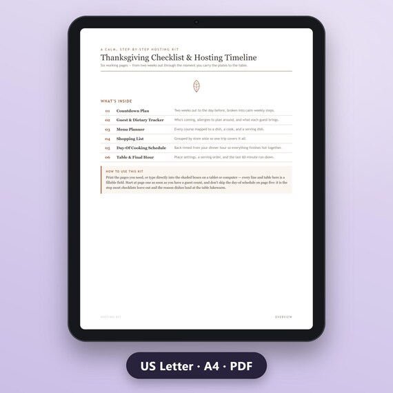 Thanksgiving Checklist Printable, Fillable Hosting Timeline, Shopping List, Cooking Schedule, US Letter, A4, Instant Download, image 2
