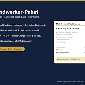 Pode incluir: Um modelo digital intitulado Handwerker-Paket com uma pré-visualização de fatura para Malerbetrieb Mustermann. O documento inclui itens para serviços de pintura, cálculos de impostos e um valor total. Compatível com Excel, LibreOffice e Google Sheets.