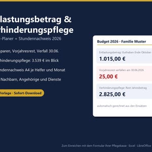 Könnte beinhalten: Ein digitaler Budget-Planer und Stundennachweis für 2026 mit dem Titel Entlastungsbetrag & Verhinderungspflege. Die dunkelblaue Grafik zeigt Felder zur finanziellen Übersicht von Pflegebudgets mit konkreten Euro-Beträgen und Verfallsdaten.