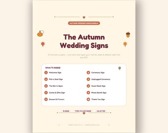 Autumn Wedding Signs Bundle Printable, 10 Editable Fall Wedding Signs, Welcome Bar Guest Book Signs, Digital Download