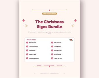Christmas Signs Bundle Printable, 10 Editable Christmas Party Signs, Welcome Hot Cocoa Bar Santa Cookie Sign, Digital Download