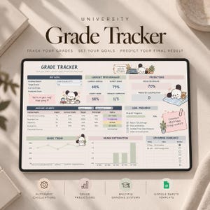 Op de afbeelding: Een digitaal sjabloon voor het bijhouden van universiteitscijfers op een tabletscherm. De interface bevat secties voor doelen, prestaties, voorspellingen, modulecijfers, trends, verdeling en deadlines met illustraties van schattige beren.