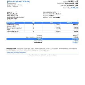 May include: A white invoice document with blue headers and text. It lists tutoring details for Algebra II, including eight one-on-one sessions, custom practice problem sets, and a study guide packet, with a total balance due of $405.00.
