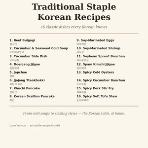 Può includere: Un elenco di ricette stampabile intitolato Love Yeshua Traditional Staple Korean Recipes, che presenta 16 piatti classici tra cui Beef Bulgogi, Kimchi Pancake e Spicy Soft Tofu Stew, con testo in inglese e coreano su sfondo color crema.