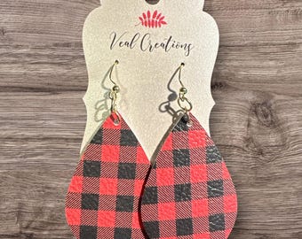Red Buffalo Teardrop Leather Earrings