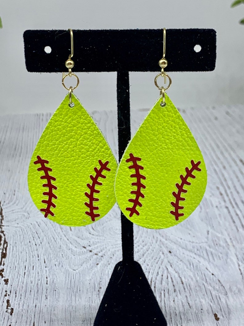 Softball Teardrop Leather Earrings Made to Order Etsy