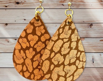 Gold Leopard Metallic Teardrop Leather Earrings