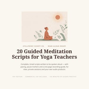 Puede incluir: Un documento digital titulado 20 Guided Meditation Scripts for Yoga Teachers de Stillpoint Script Co. La portada presenta una ilustración de una persona meditando en posición sentada bajo un sol, rodeada de elementos botánicos en tonos apagados.