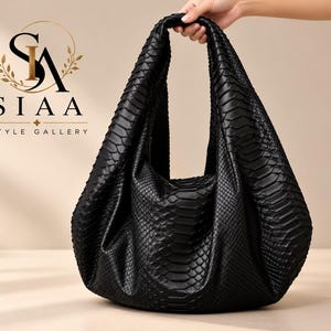 Black Matte Python Leather Big Hobo Bag: Luxury Snakeskin Shoulder Bag