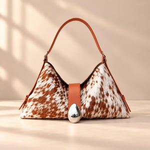 Cowhide Shoulder Bag, Silver Disc Clasp Hobo Purse, Western Chic Tote
