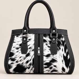 Cowhide Patchwork Tote, Western Handbag, Black White Statement Purse, Rustic Chic Shoulder Bag, Gift for Her
