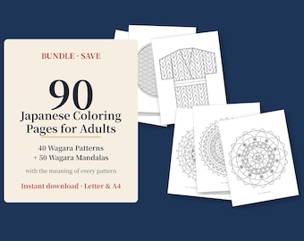 Op de afbeelding: Een digitaal pakket van 90 Japanse kleurplaten voor volwassenen, met 40 Wagara-patronen en 50 Wagara-mandalas. De tekst luidt: BUNDLE SAVE 90 Japanese Coloring Pages for Adults 40 Wagara Patterns + 50 Wagara Mandalas with the meaning of every pattern Instant download Letter & A4.