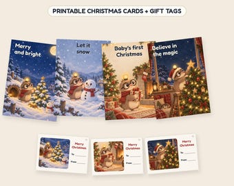 Puede incluir: Un conjunto de cuatro tarjetas de Navidad rectangulares y tres etiquetas de regalo con ilustraciones de una pequeña criatura con gafas en escenas invernales. Las tarjetas incluyen los textos Merry and bright, Let it snow, Baby's first Christmas y Believe in the magic.