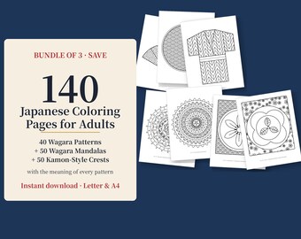 Op de afbeelding: Een digitale bundel van 140 Japanse kleurplaten voor volwassenen, inclusief 40 Wagara-patronen, 50 Wagara-mandalas en 50 Kamon-stijl emblemen. De tekst luidt: BUNDLE OF 3, 140 Japanese Coloring Pages for Adults, 40 Wagara Patterns, 50 Wagara Mandalas, 50 Kamon-Style Crests, with the meaning of every pattern, Instant download, Letter & A4.