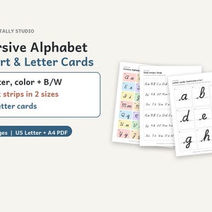 May include: A digital download set featuring a cursive alphabet chart and letter cards from Tulle & Tally Studio. Includes color and black and white posters, desk strips in two sizes, and 52 letter cards across 12 pages in US Letter and A4 PDF.