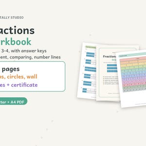 May include: A Fractions Workbook by Tulle & Tally Studio for grades 3-4, featuring 101 pages of math exercises including strips, circles, and games. The set includes answer keys and is available as a US Letter and A4 PDF digital download.