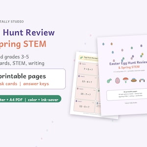 May include: A digital educational resource titled Egg Hunt Review & Spring STEM by Tulle & Tally Studio. It includes 36 printable pages, 64 task cards, and answer keys for grades K-5, featuring maths problems and Easter-themed illustrations.