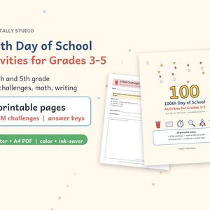Könnte beinhalten: Ein Set mit 30 druckbaren Seiten für Aktivitäten zum 100. Schultag für die Klassen 3-5, inklusive MINT-Herausforderungen, Mathe- und Schreibaufgaben. Das Dokument enthält ein Deckblatt mit bunten Symbolen und ein Arbeitsblatt für MINT-Aufgaben.