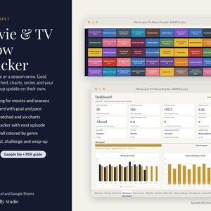May include: A digital spreadsheet tracker for movies and TV shows featuring a dark blue sidebar with white text, a colorful grid of movie titles, and a dashboard interface displaying statistics, charts, and progress bars for tracking viewing habits.