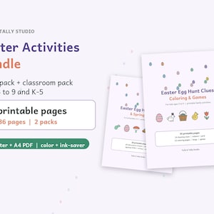 Peut inclure: Ensemble d'activités de Pâques Tulle & Tally Studio comprenant 71 pages imprimables en deux packs pour les 3 à 9 ans. Inclut des indices de chasse aux œufs, coloriages et jeux en formats PDF US Letter et A4, versions couleur et économie d'encre.