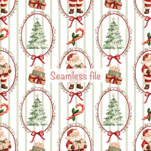 Peut inclure: Un motif répétitif sur fond blanc avec des rayures verticales vert clair. Le design présente des couronnes ovales entourées de nœuds rouges, contenant des illustrations du Père Noël avec des cadeaux, des sapins et des sucres d'orge.
