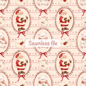 Peut inclure: Un motif répétitif composé d'illustrations du Père Noël et d'ours polaires dans des couronnes ovales avec des nœuds rouges. Le fond est crème avec des rayures horizontales, des petites croix rouges et des enveloppes cachetées.