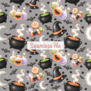 May include: A seamless pattern on a grey background featuring black witch hats, black cauldrons with orange or green bubbling liquid, glass potion bottles, bats, crescent moons, and sweets. The text Seamless file is centred.