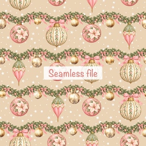 Peut inclure: Un motif répétitif composé de guirlandes de sapin horizontales ornées de nœuds roses, de boules de Noël dorées et roses, et de motifs de poinsettias sur fond beige avec des étoiles blanches. Le texte Seamless file est centré.