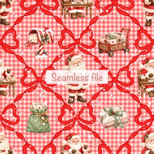 Peut inclure: Un motif répétitif avec le Père Noël, une boîte aux lettres, un chariot de cadeaux, un sac vert et des lettres empilées sur un fond vichy rouge et blanc avec des rubans rouges et des flocons blancs. Le texte Seamless file est centré.