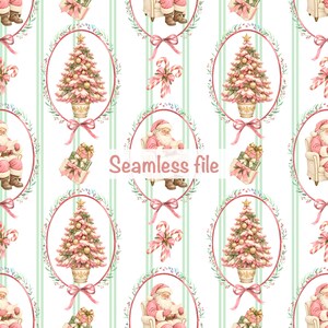 Peut inclure: Un motif répétitif sans couture illustrant le Père Noël dans un fauteuil, des sapins de Noël roses en pot et des sucres d'orge, encadrés par des couronnes ovales roses sur un fond blanc à rayures verticales vert clair.