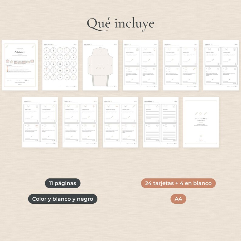 Puede incluir: Un conjunto de 11 p&aacute;ginas imprimibles en tama&ntilde;o A4 con el texto Qu&eacute; incluye, 24 tarjetas, 4 tarjetas en blanco y una plantilla de calendario de adviento. Incluye p&aacute;ginas con c&iacute;rculos numerados, plantillas de sobres y tarjetas con l&iacute;neas.