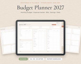 Planificador de Presupuesto 2027 en Inglés, PDF Imprimible Rellenable y Digital iPad GoodNotes, Control de Gastos, A4 A5 Letter