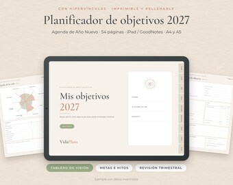 Planificador de Objetivos 2027 en Español, Agenda Año Nuevo, Metas del Año, PDF Rellenable A4 A5, iPad GoodNotes, 54 Páginas
