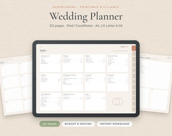 Planificador de Boda en Inglés, Imprimible y Digital, PDF Rellenable, Agenda Boda iPad GoodNotes, Sin Fecha, 122 Páginas, A4 Letter A5