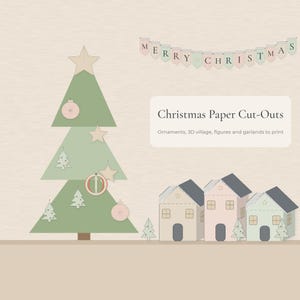 Weihnachtsschmuck aus Papier zum Ausdrucken, 3D-Weihnachtsdorf, Baumschmuck und Girlande (PDF)
