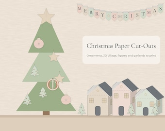 Printable Christmas Paper Ornaments, 3D Christmas Village, Tree Ornaments and Garland PDF